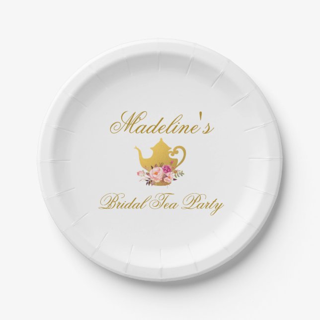 Floral Pink Gold Bridal Shower Tea Party Paper Plates (Front)