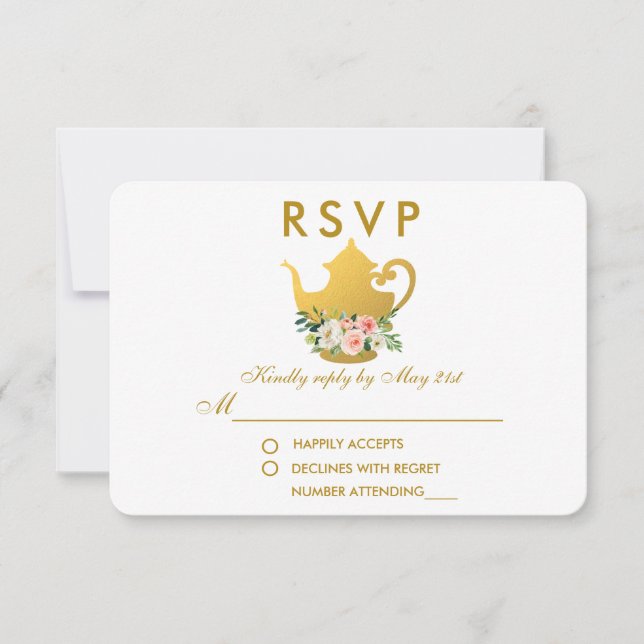 Floral Pink Gold Bridal Shower Tea Party RSVP R (Front)