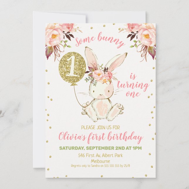 Floral Pink Gold Bunny 1st Birthday Invitation (Front)