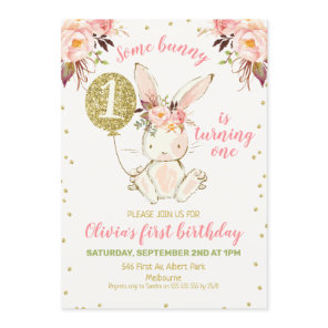 Floral Pink Gold Bunny 1st Birthday Invitation