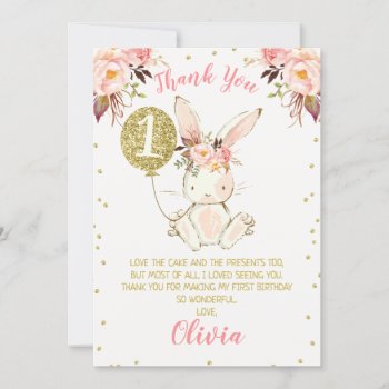 Floral Pink Gold Bunny 1st Birthday Thank You Card by Sugar_Puff_Kids at Zazzle