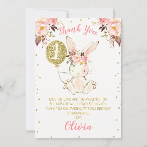 Floral Pink Gold Bunny 1st Birthday Thank You Card