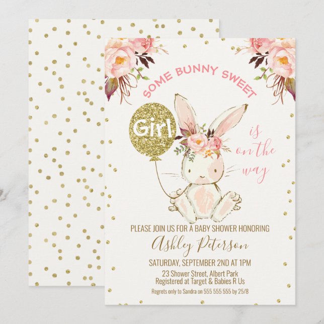 Floral Pink Gold Bunny Baby Shower invitation (Front/Back)