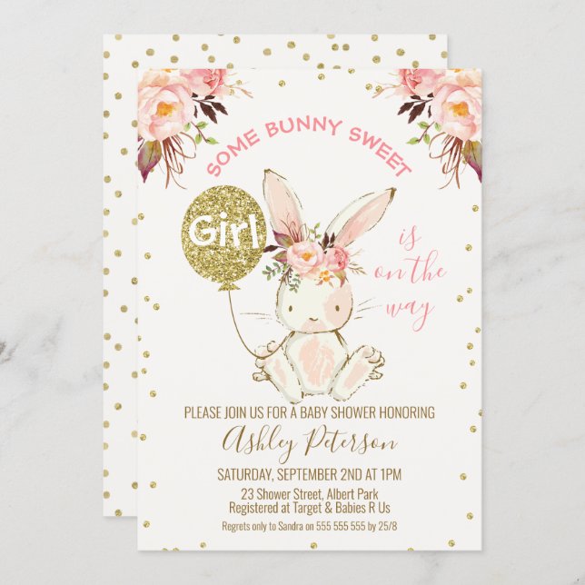 Floral Pink Gold Bunny Baby Shower invitation (Front/Back)