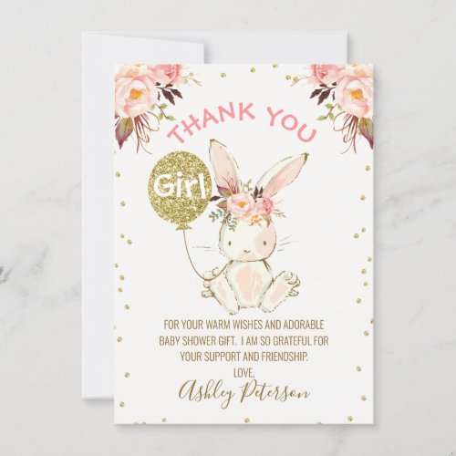 Floral Pink Gold Bunny Baby Shower Thank You Card