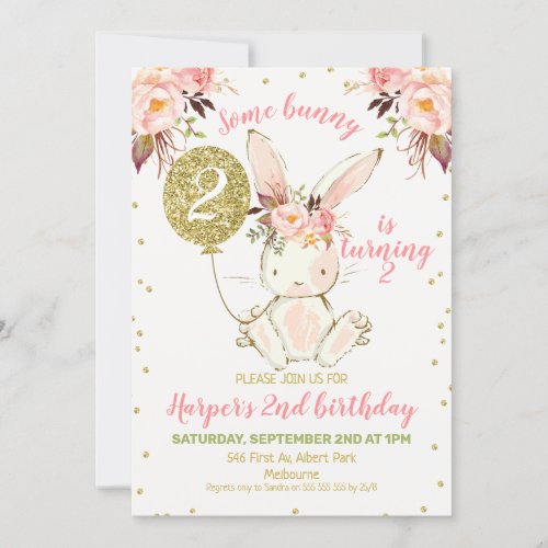 Floral Pink Gold Bunny Birthday Invitation