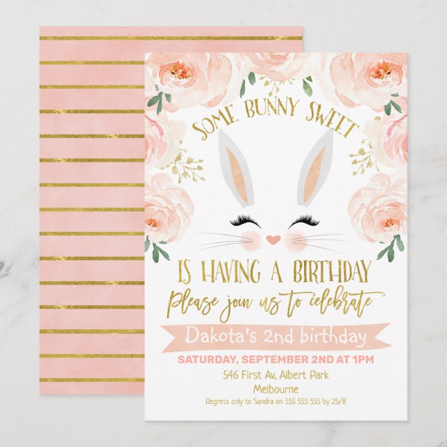 Floral Pink Gold Bunny Face Birthday Invitation (Front/Back)