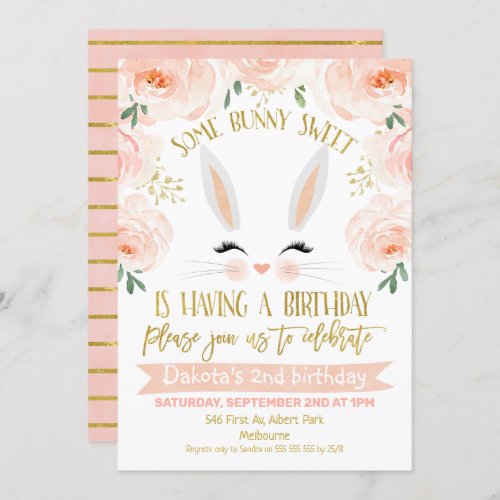 Floral Pink Gold Bunny Face Birthday Invitation