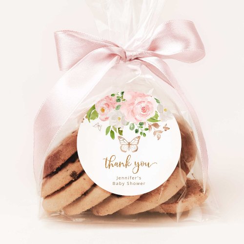 Floral pink gold butterfly thank you classic round sticker