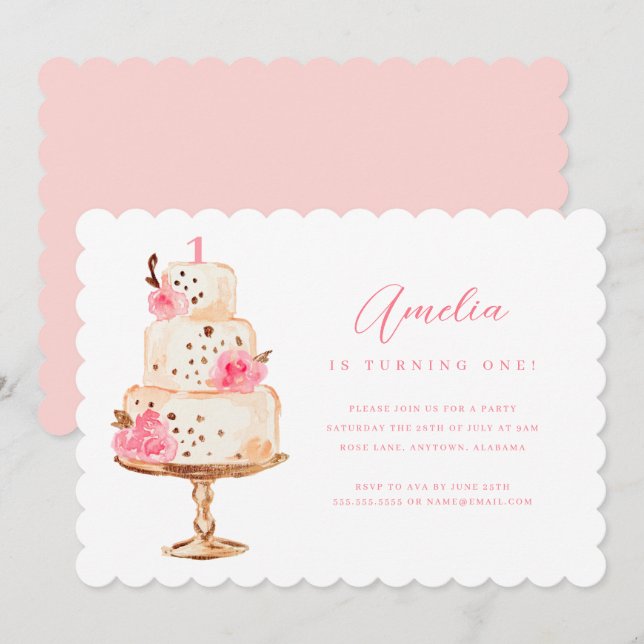 Floral Pink Gold Cake First Birthday Party Invitation (Front/Back)