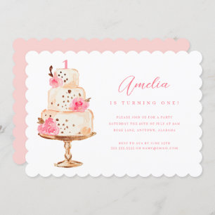 Floral Pink Gold Cake First Birthday Party Invitation