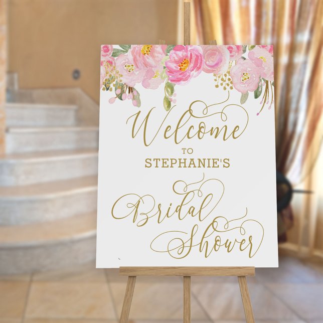 Floral Pink Gold Calligraphy Bridal Shower Welcome Foam Board (Creator Uploaded)