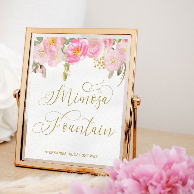 Floral Pink Gold Calligraphy Mimosa Fountain Sign (Mimosa Fountain sign from my Pink and Gold Watercolor Floral Bridal Shower Collection)