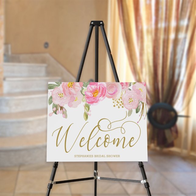 Floral Pink Gold Calligraphy Welcome Easel Sign (Creator Uploaded)