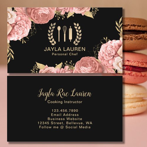 Floral Pink Gold Chef Catering Cooking Utensils Business Card