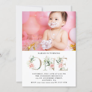Floral Pink Gold Custom Photo 1st Birthday Party I Invitation