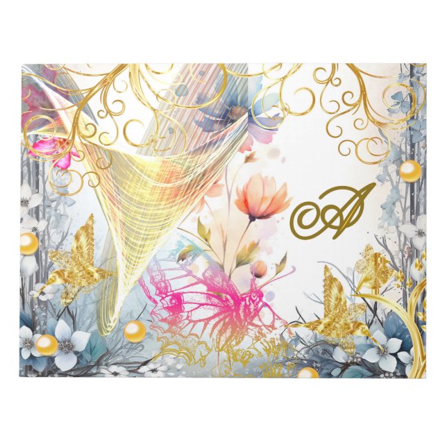 Floral Pink Gold Fairy Bird Butterfly Scrapbooking Notepad (Front)