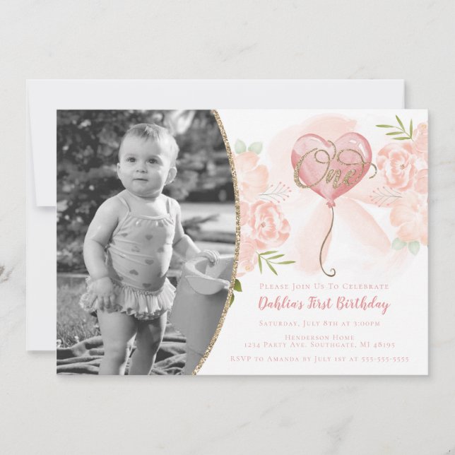 Floral Pink & Gold First Birthday Photo Invitation (Front)
