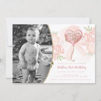 Floral Pink & Gold First Birthday Photo Invitation by DBDM_Creations at Zazzle