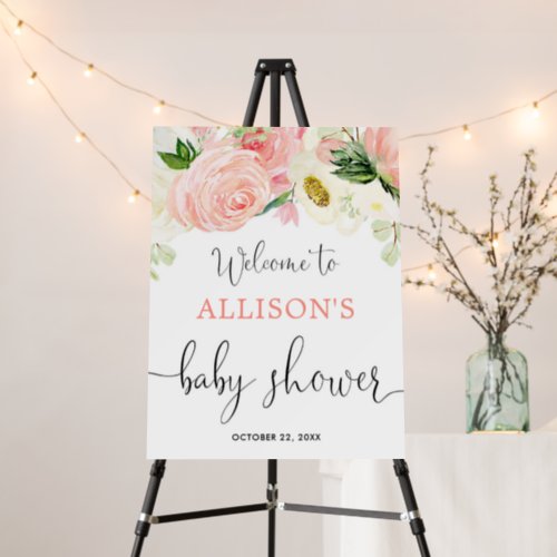 Floral pink gold girl baby shower welcome sign