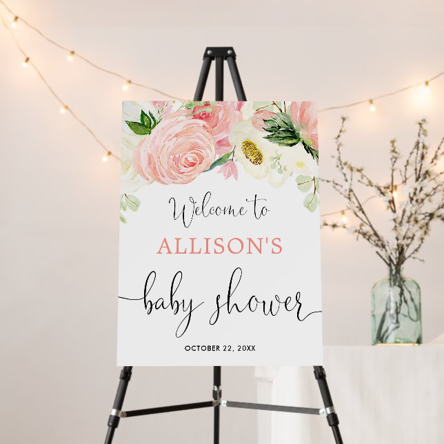 Floral pink gold girl baby shower welcome sign (In Situ (Stand))