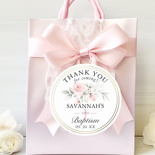 Floral Pink Gold Girl Baptism Thank You Classic Round Sticker
