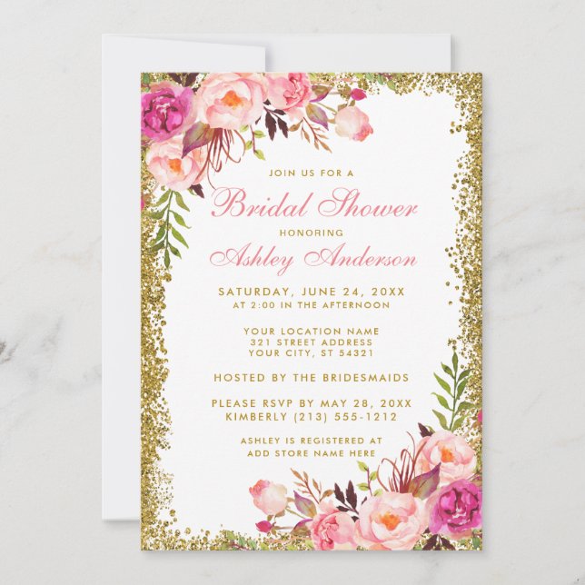 Floral Pink Gold Glitter Bridal Shower Invitation (Front)