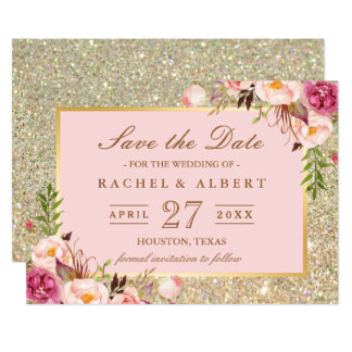 Floral Pink Gold Glitter Wedding Save the Date