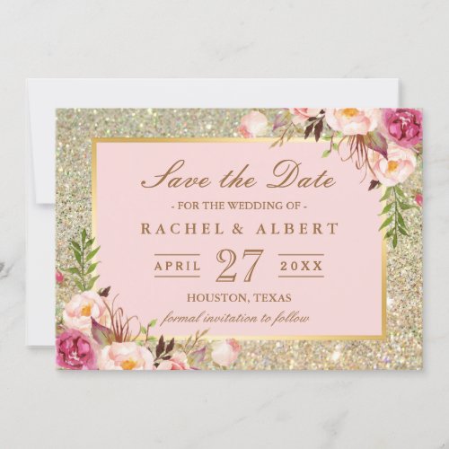 Floral Pink Gold Glitter Wedding Save the Date