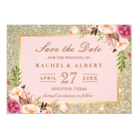 Floral Pink Gold Glitter Wedding Save the Date Card