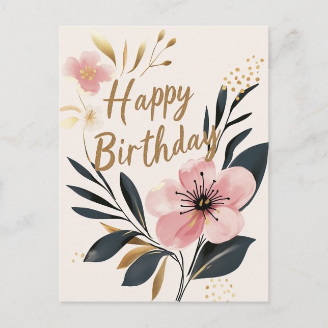 Floral Pink Gold Happy Birthday Postcard (Front)