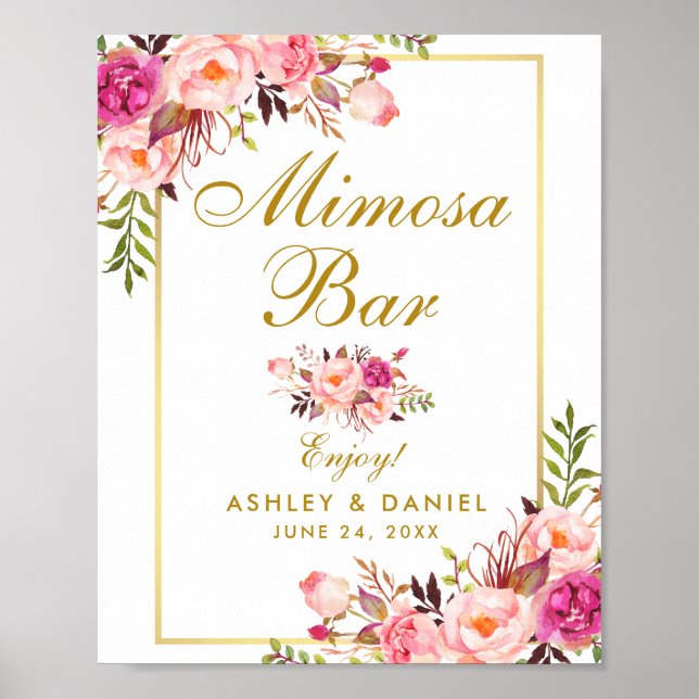 Floral Pink Gold Mimosa Bar Wedding Poster (Front)