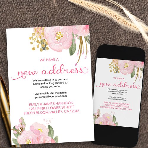 Floral Pink Gold New Address Moving Announcement