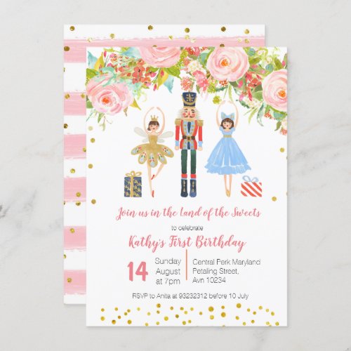 Floral Pink Gold NUTCRACKER Birthday invitation