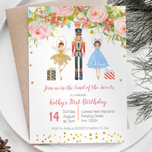 Floral Pink Gold NUTCRACKER Birthday invitation (Creator Uploaded)