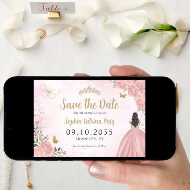 Floral Pink Gold Princess Birthday Quinceanera Save The Date (Front Digital)