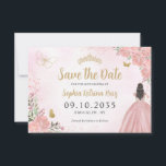 Floral Pink Gold Princess Birthday Quinceanera Save The Date<br><div class="desc">Floral Blush Pink Gold Princess Gown Dress Glitter Sparkle Tiara Crown Butterfly 15th Birthday Quinceanera Save the Date</div>