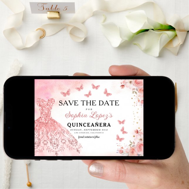 Floral Pink Gold Princess Birthday Quinceanera Save The Date (Front Digital)