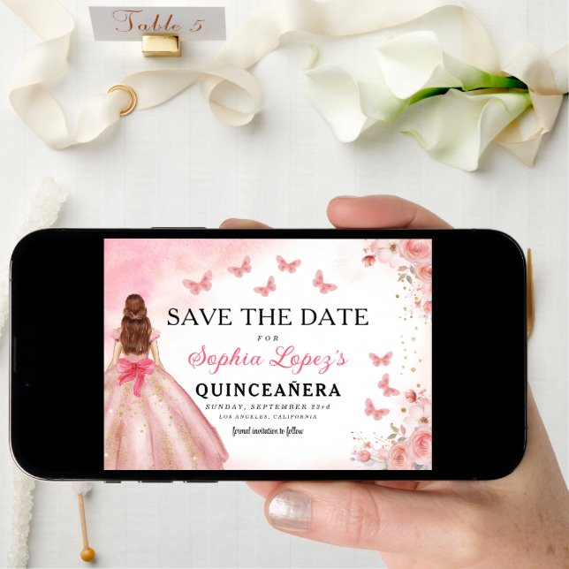 Floral Pink Gold Princess Birthday Quinceanera Save The Date (Front Digital)