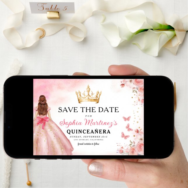 Floral Pink Gold Princess Birthday Quinceanera Save The Date (Front Digital)