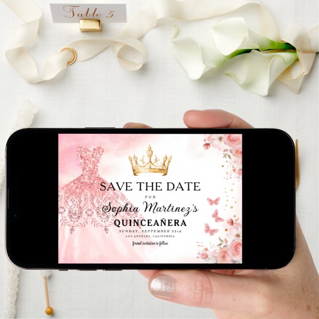 Floral Pink Gold Princess Birthday Quinceanera Save The Date (Front Digital)
