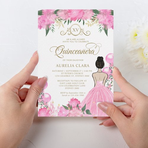 Floral Pink Gold Princess XV Quinceaera Birthday Invitation