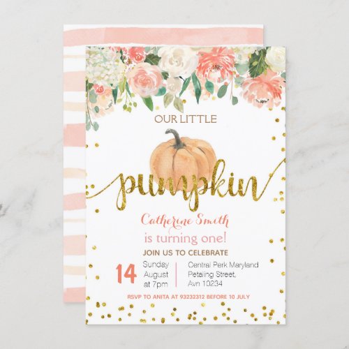 Floral Pink Gold Pumpkin 1st Birthday Invitation