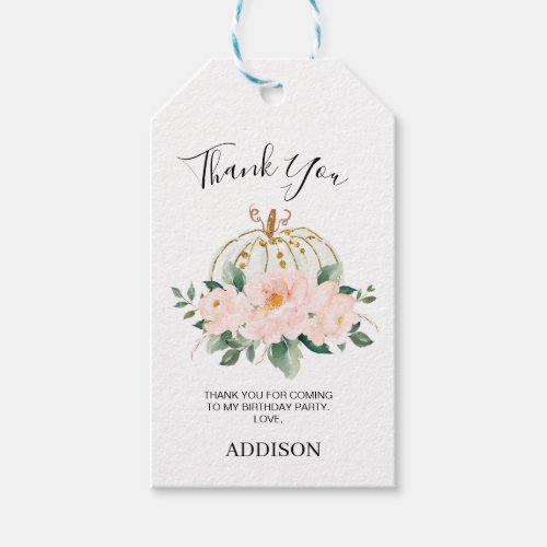 Floral Pink Gold Pumpkin Birthday Thank You Tag