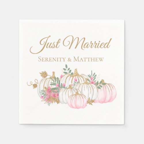 Floral Pink Gold Pumpkin Just Married Fall Wedding Napkins