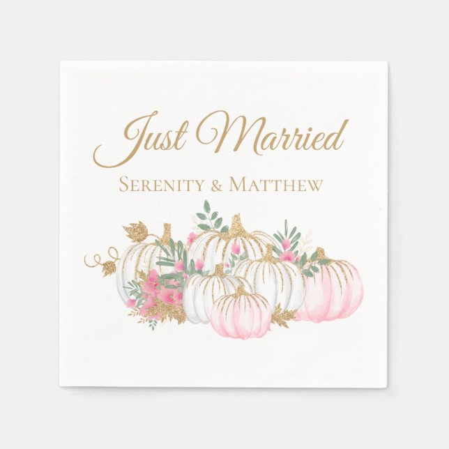 Floral Pink Gold Pumpkin Just Married Fall Wedding Napkins (Front)