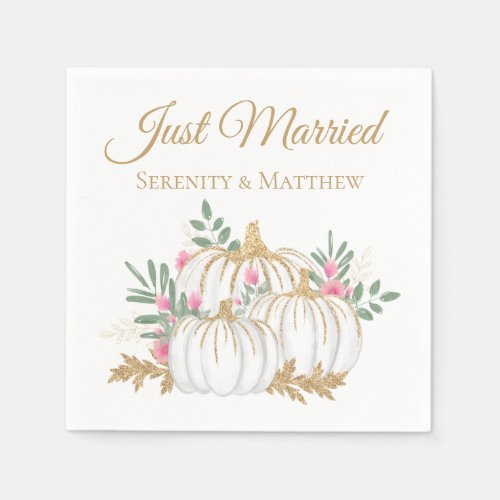 Floral Pink Gold Pumpkin Just Married Fall Wedding Napkins