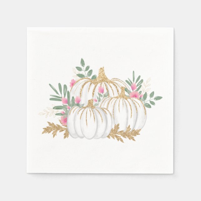 Floral Pink Gold Pumpkins Thanksgiving Fall Party Napkins (Front)