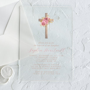 Floral Pink Gold Roses Cross Girl Baptism Acrylic Invitations