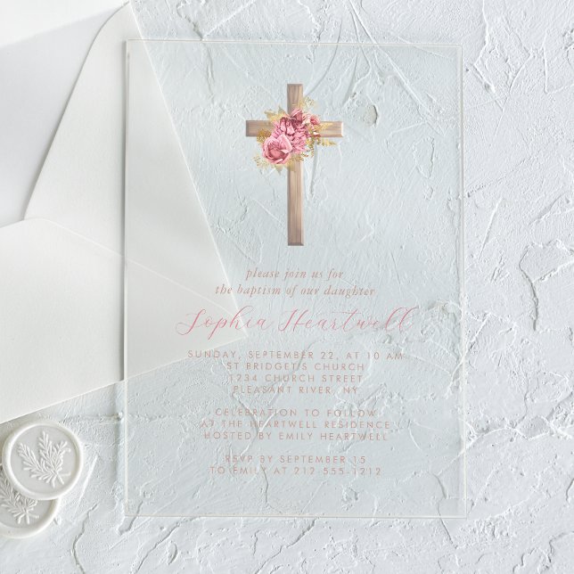 Floral Pink Gold Roses Cross Girl Baptism Acrylic Invitations (Creator Uploaded)